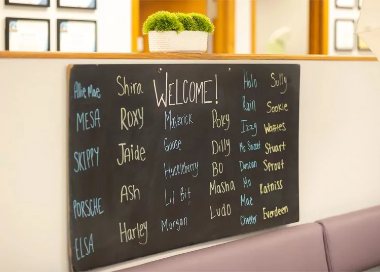 black board on wall that says welcome with names on it